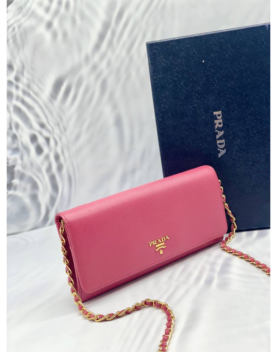 PRADA 1MT290 SAFFIANO LETAHER METAL CHAIN WALLET PEONIA WITH GOLD HARDWARE